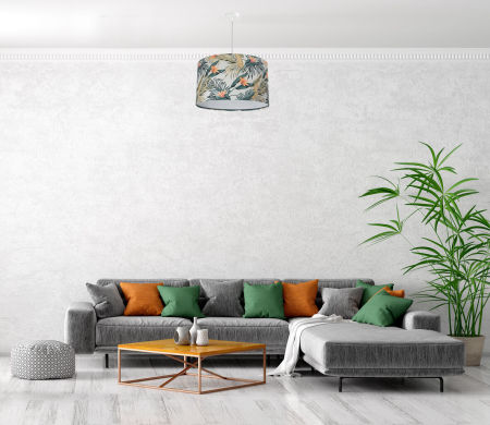 Lampa wisząca z abażurem w kształcie walca w liście palmy i bananowca z jasnoszarym wnętrzem PORTLAND