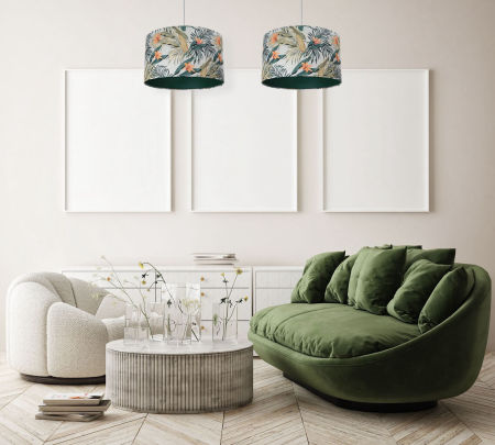 Lampa wisząca w kształcie walca z abażurem w liście palmy i kwiaty bananowca z zielonym wnętrzem PORTLAND