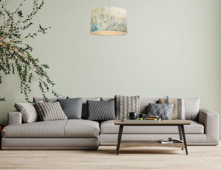 Postarzana lampa wisząca z kloszem ze strukturalnej tkaniny w kształcie walca, kwiatowy wzór PORTLAND