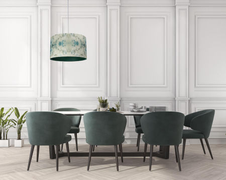 Kwiatowa, przecierana lampa wisząca z abażurem w kształcie walca z zielonym wnętrzem PORTLAND