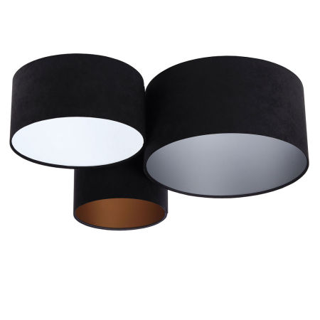 Czarna lampa sufitowa z walcowymi abażurami z weluru z białym, srebrnym i złotym wnętrzem MELIOR