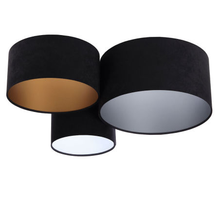 Czarna lampa sufitowa z okrągłymi kloszami z weluru z białym, srebrnym i złotym wnętrzem, plafoniada ZELTAR