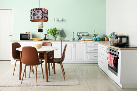 Lampa wisząca z walcowym abażurem ze strukturalnej tkaniny w kolorowe kwiaty, z miedzianym wnętrzem PORTLAND