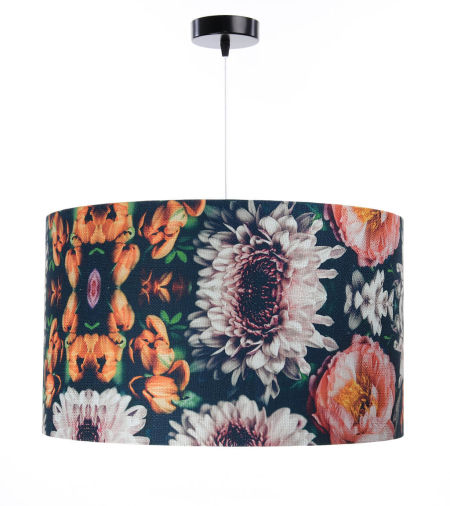 Lampa wisząca z abażurem w kształcie walca w kolorowe kwiaty, z czarnym wnętrzem PORTLAND