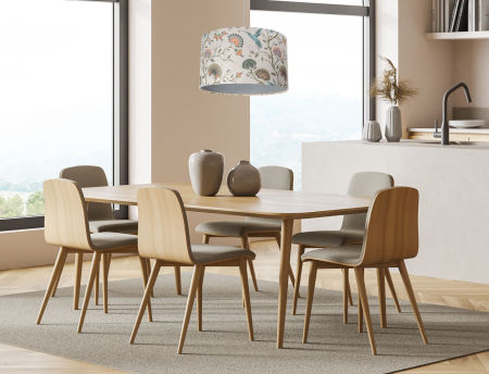 Kremowa lampa wisząca z abażurem w kształcie walca w kwiatki i koliberki ze srebrnym wnętrzem PORTLAND