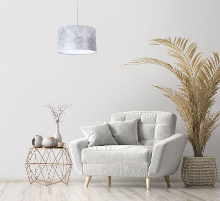 Srebrna lampa wisząca w kształcie walca z abażurem w koronkowy, kwiatowy wzór z białym wnętrzem  PORTLAND