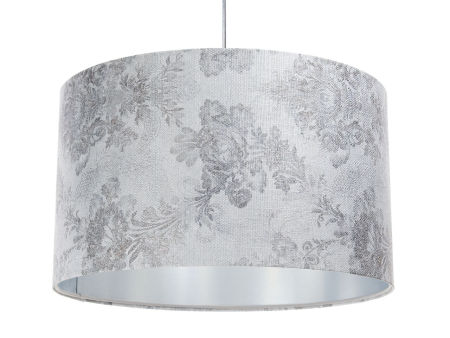 Srebrna lampa wisząca z kloszem ze strukturalnej tkaniny w kształcie walca, kwiatowy, koronkowy wzór PORTLAND