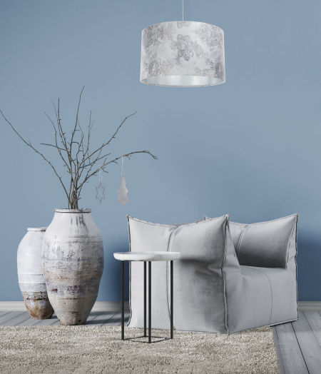 Srebrna lampa wisząca z kloszem ze strukturalnej tkaniny w kształcie walca, kwiatowy, koronkowy wzór PORTLAND