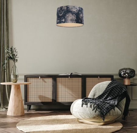 Lampa wisząca z walcowym abażurem ze strukturalnej tkaniny w kwiatowy wzór z kremowym wnętrzem PORTLAND