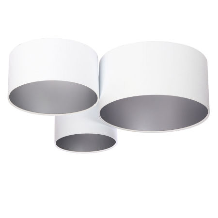 Biała lampa sufitowa z walcowymi abażurami z weluru ze srebrnym wnętrzem, plafoniada BEVIN