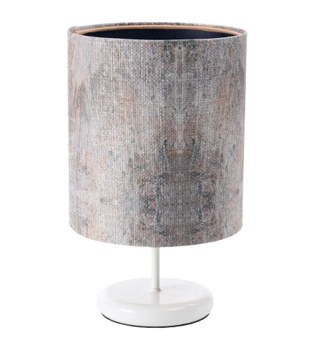 Kolorowa lampka stołowa z kloszem ze strukturalnej tkaniny, artystyczny wzór, z granatowym wnętrzem PORTLAND