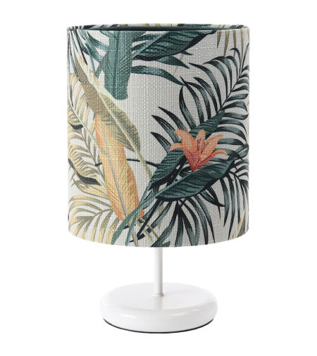 Kremowa lampka nocna w kształcie walca z abażurem w liście palmy i kwiaty bananowca z zielonym wnętrzem PORTLAND