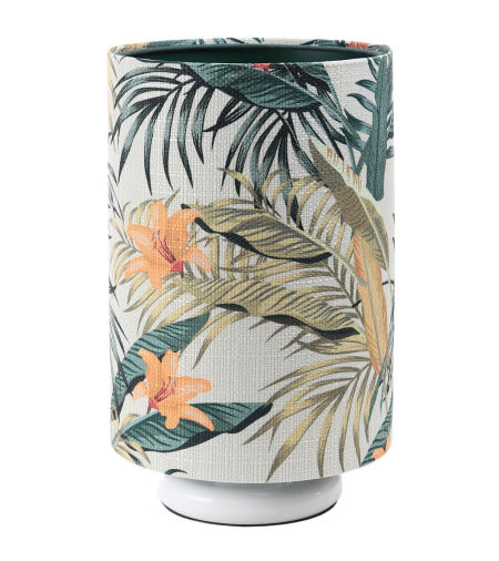 Kremowa lampka biurkowa z abażurem w kształcie walca w liście palmy i kwiaty bananowca, tuba PORTLAND