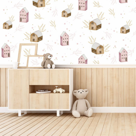 Bajkowa tapeta w domki, kamienice i delikatne gałązki dla dzieci