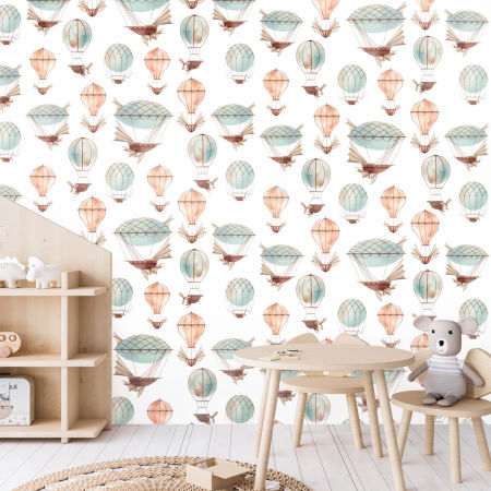 Biała tapeta w balony dla dzieci: latające maszyny i statki powietrzne prosto z bajki