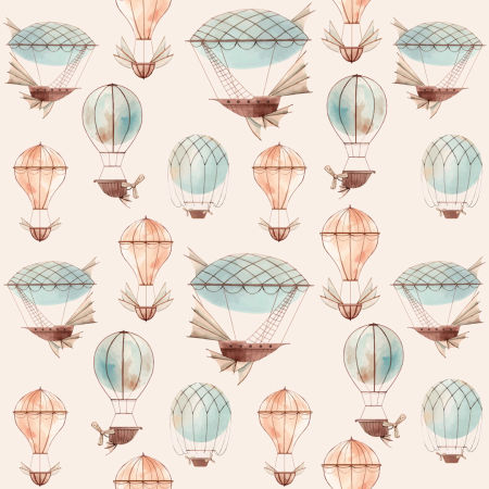 Dziecięca tapeta w balony, fantastyczne latające maszyny i statki powietrzne na beżowym tle