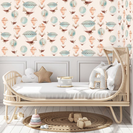 Dziecięca tapeta w balony, fantastyczne latające maszyny i statki powietrzne na beżowym tle
