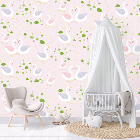 Tapeta białe zakochane łabędzie pływające po bajkowym stawie - do pokoju dziewczynki