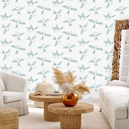 Tapeta turkusowe, latające ptaki w stylu BOHO na szarym tle