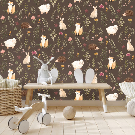 Brązowa tapeta zwierzęta na tajemniczej łące - dla dzieci