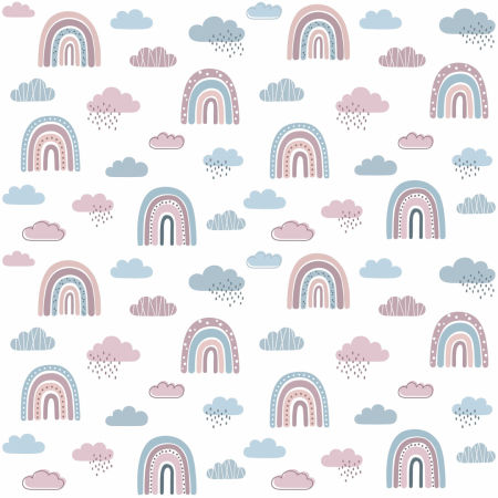 Biała tapeta w tęcze i chmurki pastelowe różowo-niebieskie, w stylu boho, dla dzieci