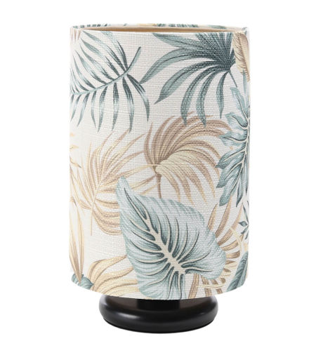 Kremowa lampka nocna z kloszem ze strukturalnej tkaniny w kształcie walca w liście palmy i monstery PORTLAND