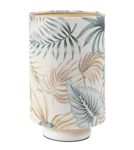 Kremowa lampka nocna z kloszem ze strukturalnej tkaniny w kształcie walca w liście palmy i monstery PORTLAND