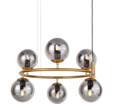 Okrągła, mosiężna lampa wisząca z dymionymi, okrągłymi kloszami CEREDO NEO