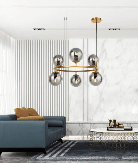 Okrągła, mosiężna lampa wisząca z dymionymi, okrągłymi kloszami CEREDO NEO