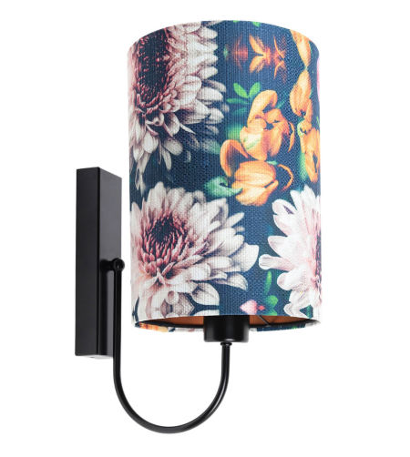 Granatowy kinkiet, lampa ścienna z kloszem, tubą ze strukturalnej tkaniny w kwiatowy wzór PORTLAND