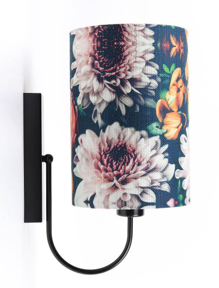 Granatowy kinkiet, lampa ścienna z kloszem, tubą ze strukturalnej tkaniny w kwiatowy wzór PORTLAND