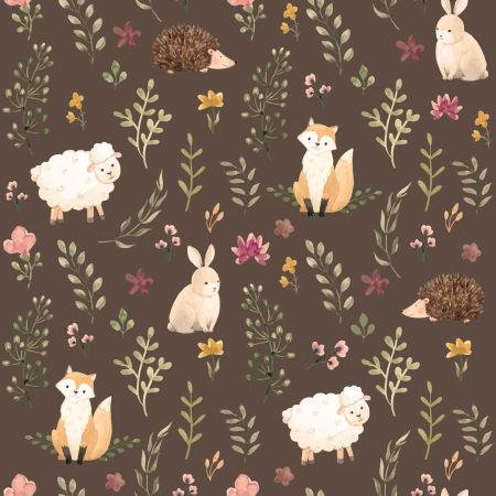 Brązowa tapeta zwierzęta na tajemniczej łące - dla dzieci