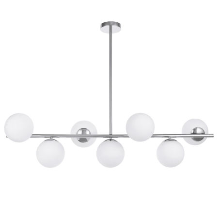 Designerska, pozioma lampa wisząca FREDICA W7, chromowana z białymi, okrągłymi kloszami