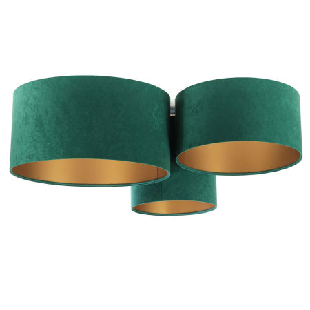 Zielona lampa sufitowa, plafoniada z walcowymi abażurami z weluru, ze złotym wnętrzem KAIDO