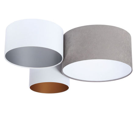 Biało-szara lampa sufitowa z welurowymi kloszami ze złotym, srebrnym i białym wnętrzem FINBAR