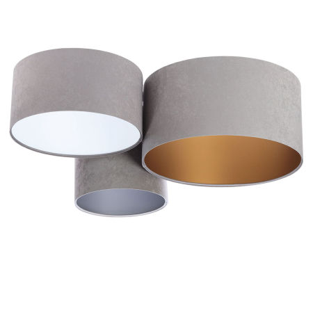 Szara lampa sufitowa z walcowymi abażurami z weluru, ze złotym, srebrnym i białym wnętrzem, plafoniada BEVAN