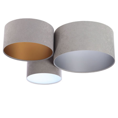 Szara lampa sufitowa, plafon z kloszami z weluru w kształcie walca ze złotym, srebrnym i białym wnętrzem BAM