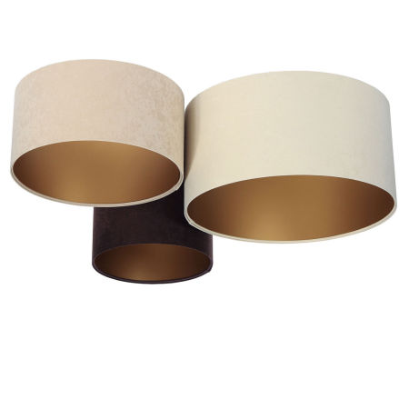 Beżowo-kremowo-brązowa lampa sufitowa z walcowymi abażurami z weluru ze złotym wnętrzem, plafoniada EDAN