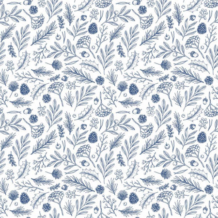 Nowoczesna biało-granatowa tapeta z motywem leśnych liści i szyszek