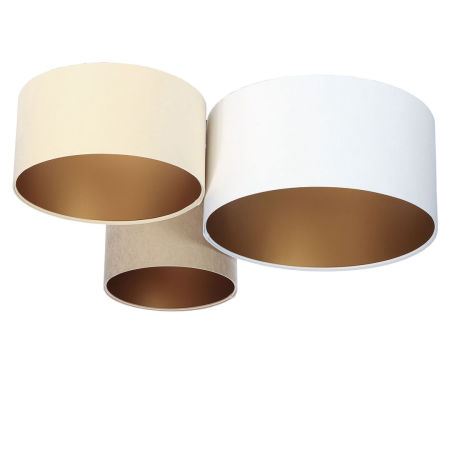 Biało-kremowo-beżowa lampa sufitowa, plafoniada z abażurami z weluru w kształcie walca ze złotym wnętrzem OLER