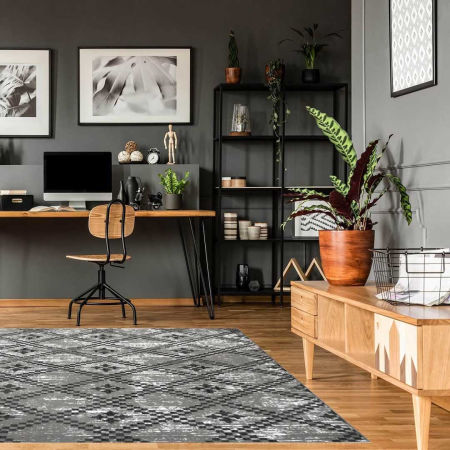 Modny młodzieżowy dywan do pokoju w ciemny szary geometryczny wzór Almas 24