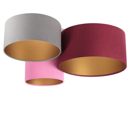 Bordowo-różowo-szara lampa sufitowa z walcowymi, welurowymi kloszami ze złotym wnętrzem BANNING