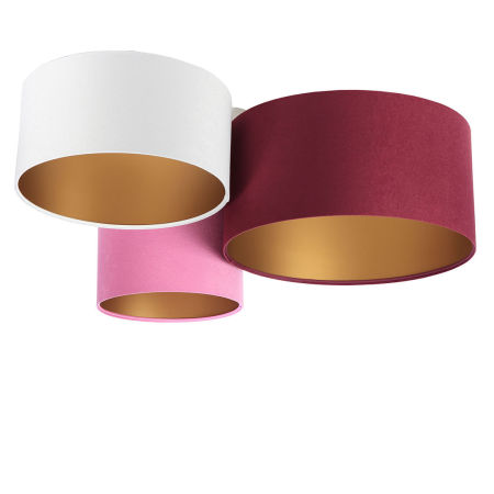 Bordowo-różowo-biała lampa sufitowa, plafoniada z abażurami z weluru w kształcie walca ze złotym wnętrzem ROLAND