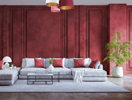 Bordowo-różowo-biała lampa sufitowa, plafoniada z abażurami z weluru w kształcie walca ze złotym wnętrzem ROLAND