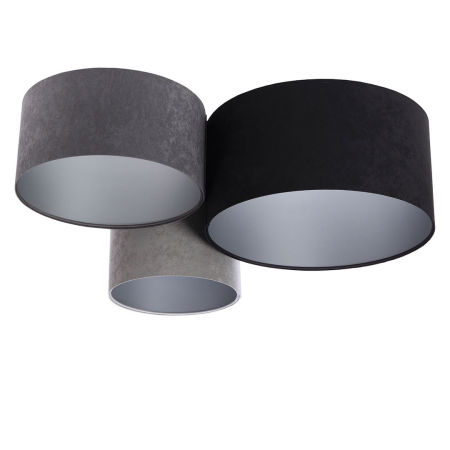 Czarno-szara lampa sufitowa z walcowymi abażurami z weluru, plafoniada ze srebrnym wnętrzem BALFOR