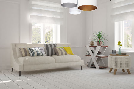 Biała lampa sufitowa, plafoniada z abażurami z weluru w kształcie walca z białym, złotym i srebrnym wnętrzem ALPIN