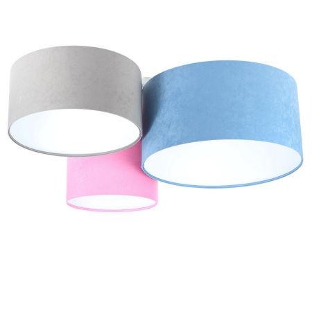 Niebiesko-różowo-szara lampa sufitowa z welurowymi abażurami z białym wnętrzem, walcowa plafoniada EWAN