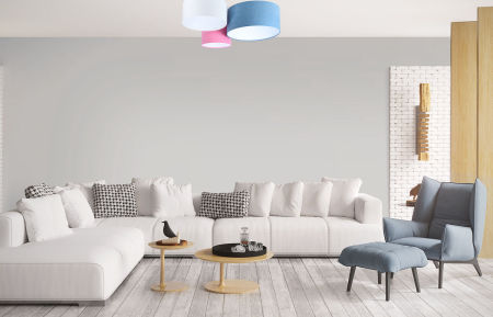 Niebiesko-różowo-biała lampa sufitowa z walcowymi abażurami z weluru, plafoniada AGNUS