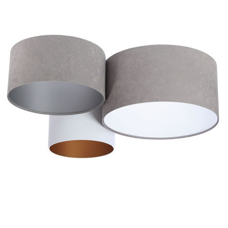 Szaro-biała lampa sufitowa z walcowymi, welurowymi kloszami z białym, złotym i srebrnym wnętrzem OSVALD