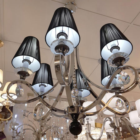 Żyrandol kryształowy, czarne abażury NEGRIO W6 chromowane ramiona, na łańcuchu